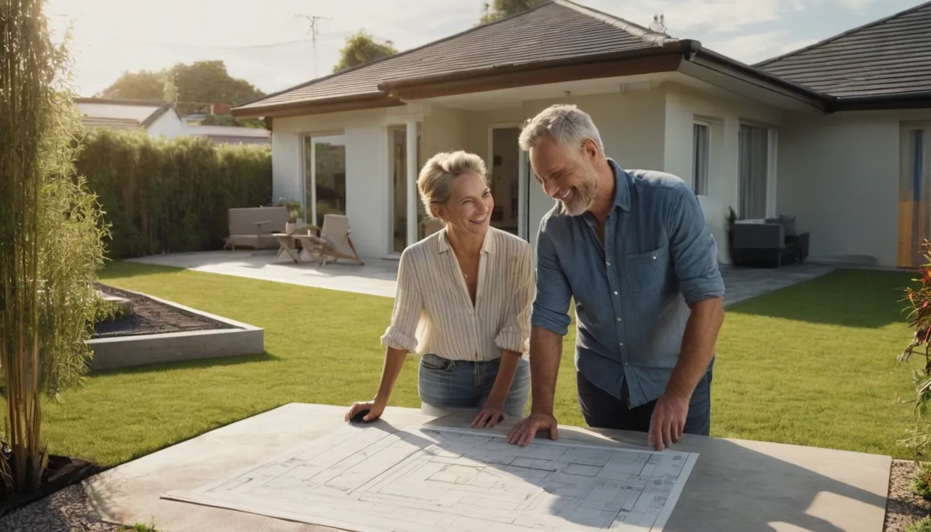 A homeowner and a concrete provider reviewing patio plans in the Fremont area