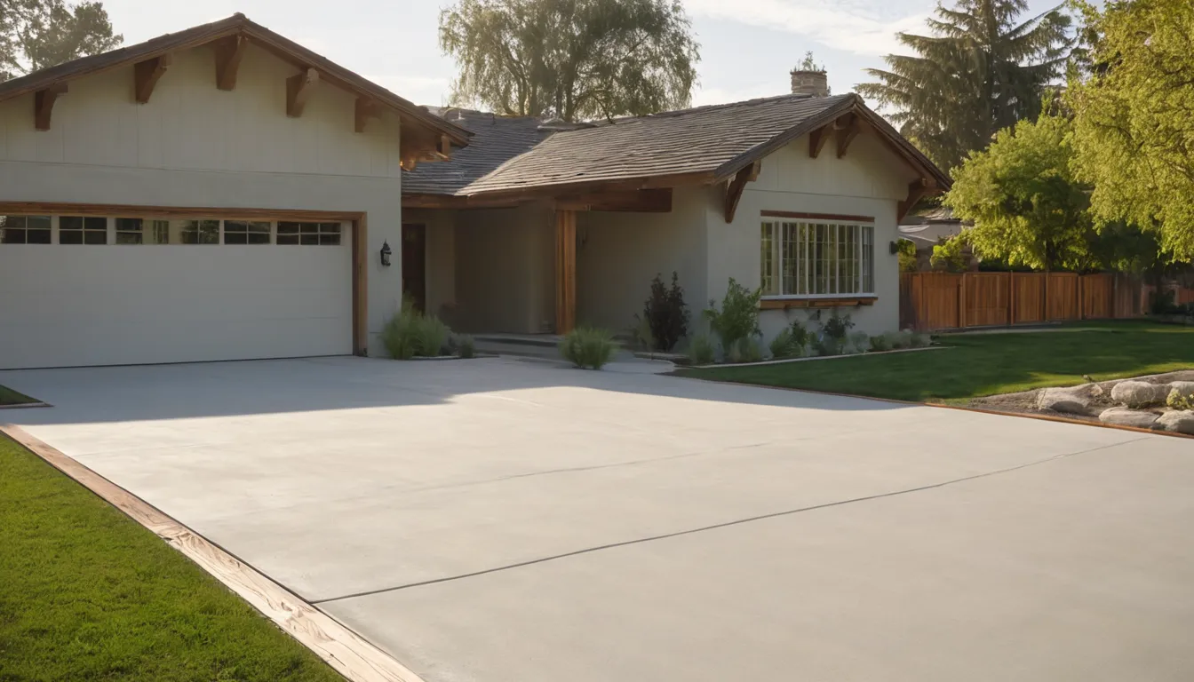 A freshly poured concrete driveway beside a stucco ranch home in Fremont